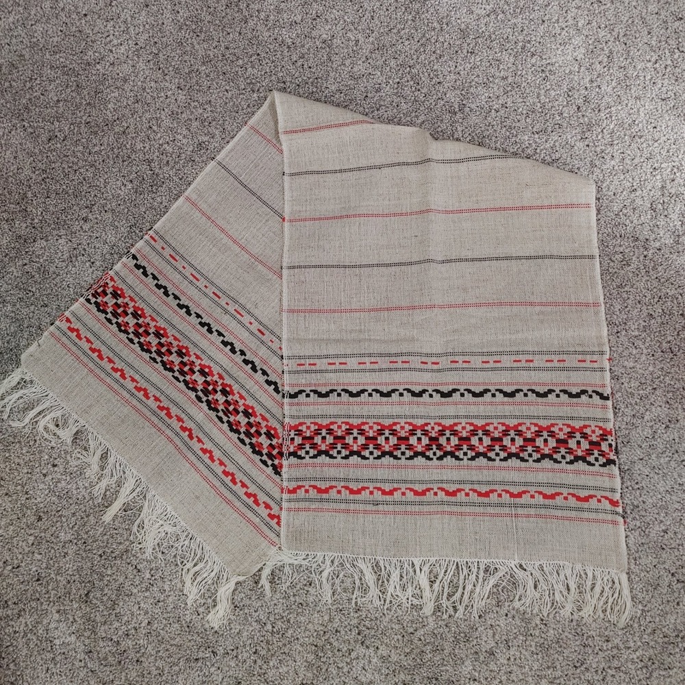 Vintage Hand Woven Folk Art Table Runner Red Black Geometric Embroidery Fringe